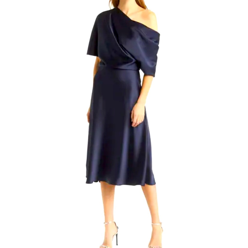 Amsale Off the shoulder Satin Cocktail Dress in navy, sz 10, new